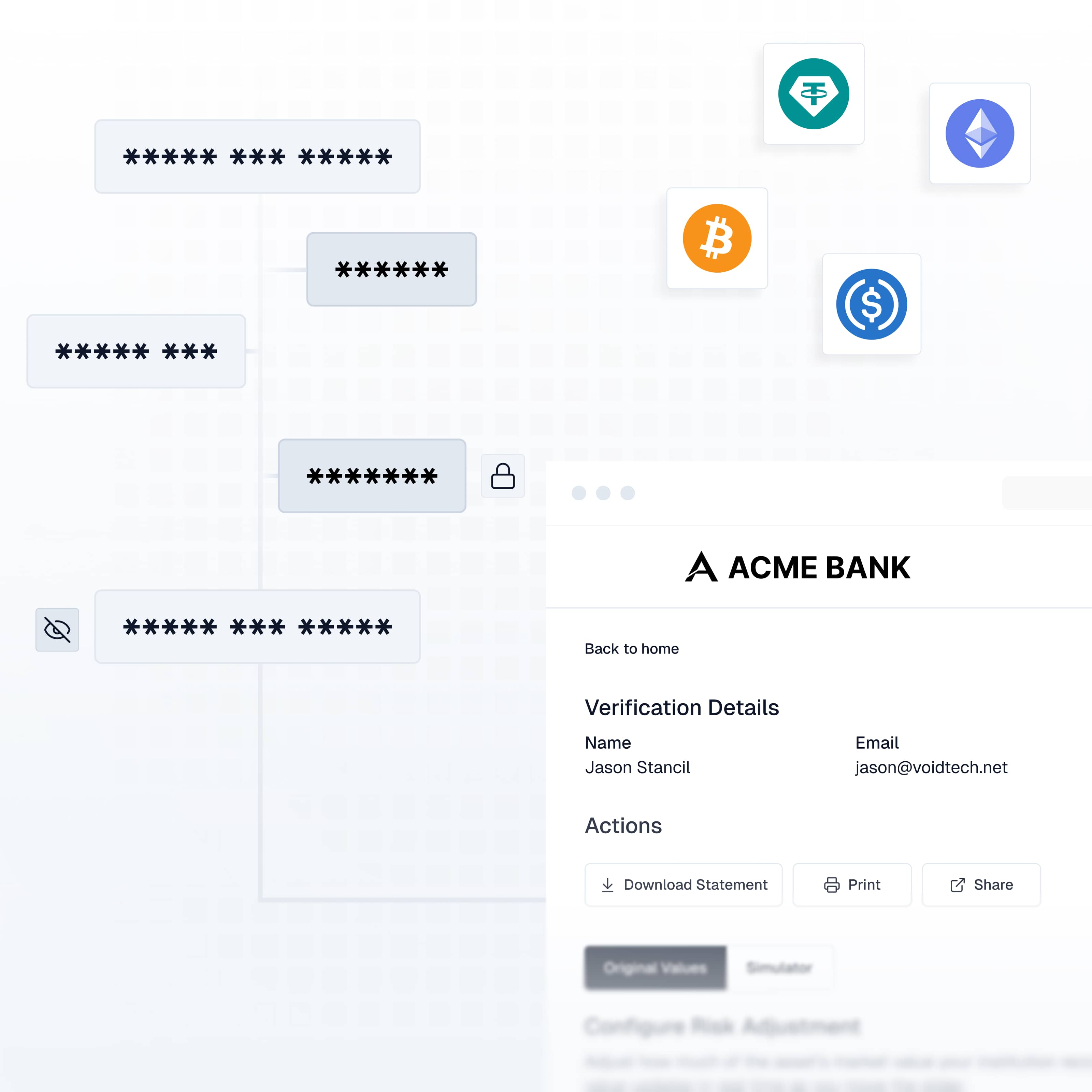 Share Crypto Holdings dialog showing verified holdings and privacy protections