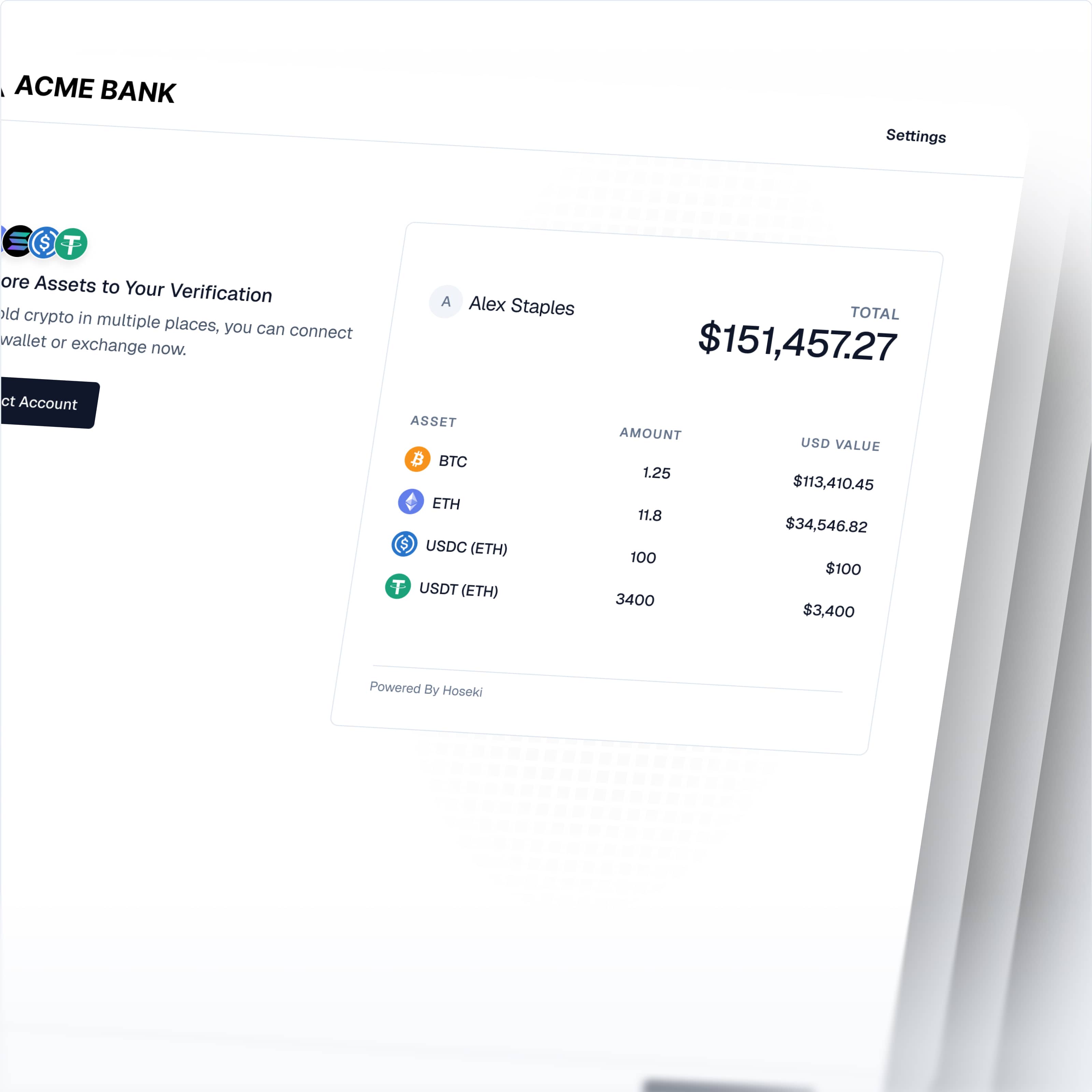 White-label integration showing the Hoseki widget embedded under a custom bank brand